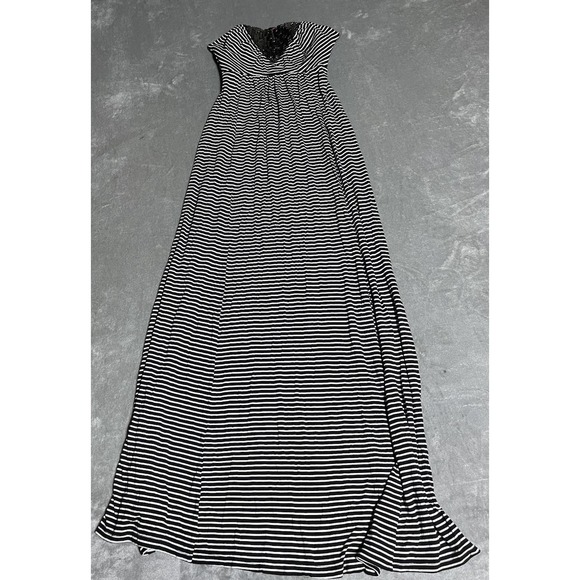 Y2K Bebe Maxi Dress Womens Small Strapless Black White Striped 2B Long Open Back - Picture 1 of 7